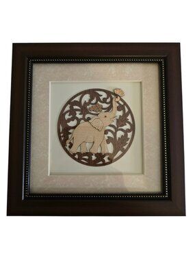 Framed Elephant Wood Inlay Wall Art – Neutral Boho Decor Lucky Elephant